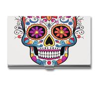 HETVBNS Porte-cartes de visite en métal avec motif tête de mort en sucre - Organiseur fin pour cartes de crédit, cartes d'identité, pour homme ou femme, 9,4 x 5,6 x 0,8 cm, Sugar Skull, 3.7 × 2.2 ×
