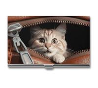 HETVBNS Porte-cartes de visite en métal fin avec motif chat pour homme ou femme, Le chat regarde dehors, 3.7 × 2.2 × 0.3 Inches, Décontracté