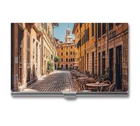 HETVBNS Porte-cartes de visite en métal fin pour cartes de visite, chaise de café, ville, Rome, Italie, pour homme ou femme, vieux, Old Courtyard Chaise Café City Rome Italie, 3.7 × 2.2 × 0.3 Inches