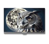 HETVBNS Porte-cartes de visite en métal fin pour cartes de visite et cartes de visite - Motif hibou et lune - Pour homme ou femme - 9,4 x 5,6 x 0,8 cm, Chouette et lune, 3.7 × 2.2 × 0.3 Inches