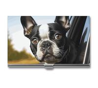 HETVBNS Porte-cartes de visite en métal fin pour cartes de visite et cartes d'identité - Motif chiot terrier de Boston - Pour homme ou femme, Chiot Terrier Boston, 3.7 × 2.2 × 0.3 Inches, Décontracté