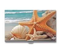 HETVBNS Porte-cartes de visite en métal fin pour cartes de visite, étoile de mer, coquillage, plage, organiseur de cartes de crédit, cartes d'identité, pour homme ou femme, Étoile de mer., 3.7 × 2.2 ×