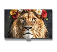 HETVBNS Porte-cartes de visite en métal - Lion africain portant une fleur sur la tête - Organisateur de cartes de crédit fin pour homme ou femme - Africain, Lion africain portant une fleur sur sa tête