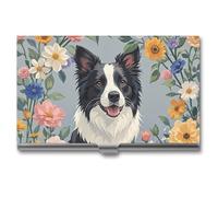 HETVBNS Porte-cartes de visite en métal pour cartes de visite Border Collie Florals - Organisateur de cartes de crédit fin pour homme ou femme, Border Collie Floral, 3.7 × 2.2 × 0.3 Inches