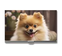 HETVBNS Porte-cartes de visite en métal pour cartes de visite - Joli chien de Poméranie - Organisateur de cartes de crédit professionnel fin pour homme ou femme, Adorable chien de Poméranien., 3.7 ×