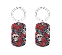 HETVBNS Porte-clés en forme de crânes et roses rouges imprimé double face, en métal durable, porte-clés tendance en acier inoxydable pour sac à dos, sac à main, accessoire élégant