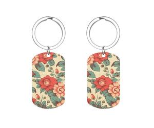 HETVBNS Porte-clés rétro en forme de fleur imprimé double face, en métal durable, porte-clés tendance en acier inoxydable pour sac à dos, sac à main, accessoire élégant
