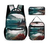 HETVBNS Scenic Lake Ensemble de 3 sacs à dos durables isothermes et trousse à crayons portable pour homme et femme