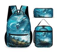 HETVBNS The Dragon King Ensemble sac à dos 3 pièces, sac à dos isotherme durable, trousse à crayons portable pour homme et femme