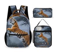HETVBNS Tiger Moon Ensemble sac à dos 3 pièces, sac à dos isotherme durable, trousse à crayons portable pour homme et femme