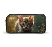 HETVBNS Trousse à crayons de grande capacité avec fermeture éclair et motif chaton marchant sur l'herbe, durable, petite trousse de maquillage portable pour bureau, voyage