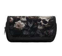 HETVBNS Trousse à crayons extra large avec fermeture éclair - Motif fleurs et têtes de mort - Noir et blanc - Pour voyage, bureau - Pour homme et femme