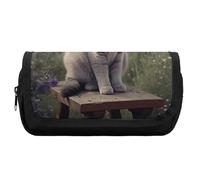 HETVBNS Trousse à crayons extra large avec motif chat gris dans un champ de fleurs, double couche avec fermeture éclair, trousse de maquillage portable pour voyage, organisateur de papeterie de bureau
