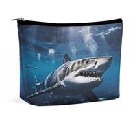 HETVBNS Trousse de maquillage de voyage portable pour femme, excellente trousse de maquillage motif requin blanc, organiseur avec fermeture éclair, étanche, trousse de toilette plate ouverte, jolie
