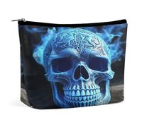 HETVBNS Trousse de maquillage de voyage portable pour femme - Impression 3D - Tête de mort bleue - Trousse de maquillage avec fermeture éclair - Étanche - Ouverte et plate - Jolie pochette de