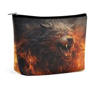 HETVBNS Trousse de maquillage de voyage portable pour femme - Loup sauvage dans le feu - Trousse de maquillage avec fermeture éclair - Étanche - Ouverte - Jolie pochette de maquillage pour accessoires