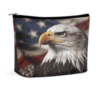 HETVBNS Trousse de maquillage de voyage portable pour femme - Motif aigle à tête blanche - Drapeau américain - Avec fermeture éclair - Étanche - Ouverte - Trousse de toilette plate - Jolie pochette de