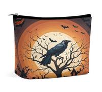 HETVBNS Trousse de maquillage de voyage portable pour femme - Motif corbeau d'Halloween - Avec fermeture éclair - Étanche - Ouverte - Jolie trousse de maquillage pour accessoires de voyage - Corbeau