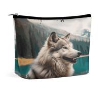 HETVBNS Trousse de maquillage de voyage portable pour femme - Trousse de maquillage amusante avec motif loup - Organiseur avec fermeture éclair - Étanche - Ouvert - Trousse de toilette plate pour