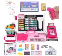 heuchaey Jouet Caisse Enregistreuse pour Enfants, Marchande Enfant avec Vraie Calculatrice, Scanner, Carte crédit, Panier, Jeu de Rôle pour Fille de 3+ Ans, Rose