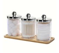 HEUchuan 3Pcs Cotton Swab Holder Jar Lid Round Dispenser | Floss Storage, Bathroom Organizer, Complete Set(Silver)