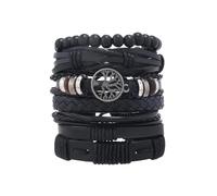HEUchuan Bracelet tressé fait main Rouge 6 pièce/ensemble arbre noir Wrap tissé à la main perles de bois Bracelets hommes femmes cuir bracelet(Style 1)