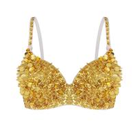 HEUchuan Soutien-Gorge Bustier de Danse du Ventre for Femmes, Haut rembourré à Paillettes Scintillantes et Perles, for Danses, Costumes de Carnaval pour Performance Costume Belly Dance(Gold,38)