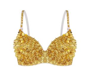 HEUchuan Soutien-Gorge Bustier de Danse du Ventre for Femmes, Haut rembourré à Paillettes Scintillantes et Perles, for Danses, Costumes de Carnaval pour Performance Costume Belly Dance(Gold,38)