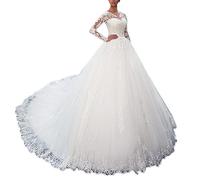 HEULORIA Manches Longues Robe de mariée de Princesse Grand Perles de Dentelle Robe de mariée Longue de Train BA-DDL-BA (as4, Numeric, Numeric_46, Plus, Regular, White)