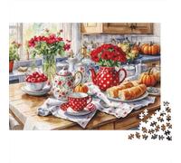 Heure de Thé Confortable d’Automne 1000 Pièces Puzzle Table Service à Thé Rouge Carton Épaix Cadeaux de Fête Détente Mentale 70x50cm