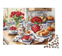 Heure du Thé Cuisine Confortable Puzzle de 1000 Pièces pour Adultes Table à Thé avec Roses Rouges Premium Robuste Haute Qualité Vibrant Stimulant Difficile Anti-Stress Cadeau 38x26cm/1000pcs