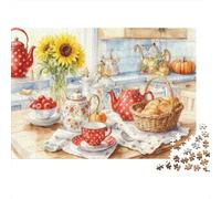 Heure du Thé Cuisine Confortable Puzzle de Soirée 1000 Pièces pour Adultes Table de Thé Tournesols Premium Robuste Vibrant Stimulant Difficile Anti-Stress 38x26cm/1000pcs