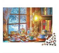 Heure du Thé d'hiver Confortable Puzzle de 1000 Pièces pour Adultes Salle de Thé Confortable près Fenêtre Difficile Premium Robuste Haute Qualité Vibrant Stimulant Anti-Stress 52x38cm/1000pcs