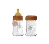 HEVEA Biberons en Verre à Col Large - Anti-colique pour Bébés de 0+ mois et Plus, Débit Lent, Sans BPA, Pack De 2 Biberon Verre 150ml