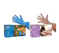 Hevea - Gants en nitrile jetables. Sans talc et sans latex. Boîte de 100 gants. Taille : L Couleur : bleu & Gants en vinyle jetables. Sans talc et sans latex. Boîte de 100 gants. Taille : L