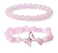 HEVIBK 2 PCS Bracelet Pierre Naturelle 8mm,Bracelet en pierre de chakra, bracelet d'améthyste, bracelet papillon en cristal d'améthyste, perles de guérison énergétique pour les femmes (Rose)