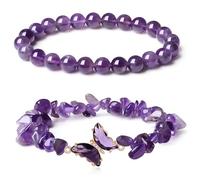 HEVIBK 2 PCS Pierre Naturelle 8mm, Bracelet en Pierre de Chakra, Améthyste, Papillon en Cristal, Perles de Guérison Énergétique pour Femmes (Pourpre)