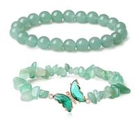 HEVIBK 2 PCS Pierre Naturelle 8mm, Bracelet en Pierre de Chakra, Améthyste, Papillon en Cristal, Perles de Guérison Énergétique pour Femmes (Vert)