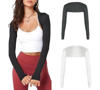 HEVIBK 2 Pièces Boléro de Protection UV Echarpe de Protection Solaire pour Femmes Manchettes Echarpe de Refroidissement en Soie Glacée Manchettes avec Trous pour les Doigts (Noir et blanc)