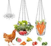 Hevtsde Lot de 2 mangeoires à suspendre pour poulet, légumes et légumes en acier inoxydable avec chaîne de suspension, grand panier pliable pour volaille, légumes, fruits, poules, canard, lapin