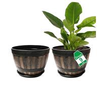 hewewor Lot de 2 pots de fleurs en plastique de 23 cm avec trou de drainage et soucoupe. Pots de fleurs décoratifs vintage en résine, design tonneau en bois pour intérieur et extérieur