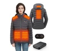 HEWINZE Veste chauffante pour Femme avec Capuche, Doudoune Chaude pour Femme avec Batterie 7,4 V, Veste d'hiver à Double Commande pour randonnée en Plein air Chasse Moto Camping