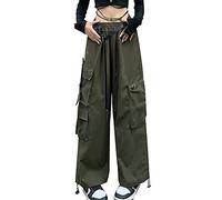 Hewlshawn Pantalon Cargo Baggy Taille Haute Gothique Y2k Straight Streetwear Taille ¨¦Lastique avec Cordon de Serrage r¨¦glable Pieds Nouer