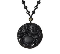 HEXALOVA Collier avec pendentif Bouddha rieur en obsidienne noire pour homme et femme - Bijoux en pierre de cristal (Bouddha rieur B)