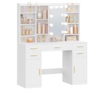 HEXCELEN 108 cm Coiffeuse avec Miroir et 10 Lumières LED, Luminosité Réglable, Tiroirs, Armoire et Étagères Ouverts, Table de Maquillage, Miroir avec Étagères Cachées, pour Chambre à Coucher, Blanc