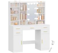 HEXCELEN 108 cm Coiffeuse avec Miroir et Lumières LED, Luminosité Réglable, Tiroirs, Armoire et Étagères Ouverts, Table de Maquillage, Miroir avec Étagères Cachées, pour Chambre à Coucher, Blanc