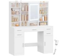 HEXCELEN 108 cm Coiffeuse avec Miroir et Lumières LED, Luminosité Réglable, Tiroirs, Armoire et Étagères Ouverts, Table de Maquillage, Miroir avec Étagères Cachées, pour Chambre à Coucher, Blanc