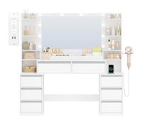 HEXCELEN 135cm Coiffeuse avec Miroir et multiprise intégrée, Blanc-Argent