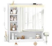 HEXCELEN 15 x 70 x 78,8 cm, Meuble de Salle de Bain avec Miroir et LED, Armoire Murale Salle de Bain, 3 Portes avec Étagère Réglable, Support Sèche-Cheveux, Crochets, Blanc