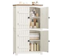 HEXCELEN Armoire de Rangement avec Portes de Grange, Style Ferme, Buffet Haut, avec 4 Portes, Meuble de Rangement, Étagères Réglables, Marron Rustique et Blanc, 30 x 60 x 110 cm